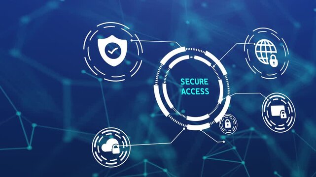 Secure access concept with digital HUD interface and icons for identity authentication, network login, and authorized data protection on blue background.