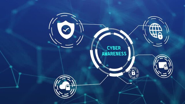 Cyber awareness concept with digital HUD interface and icons for security education, online safety training, and threat prevention on blue background."
