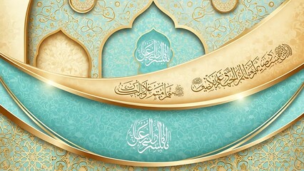 Elegant Islamic Calligraphy Background with Golden Arches and Teal Patterns