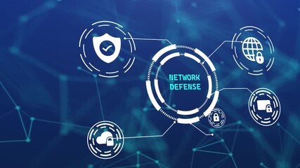 Network defense concept with digital HUD interface and icons for cybersecurity protection, system firewall, and data safety on blue background. - Powered by Adobe