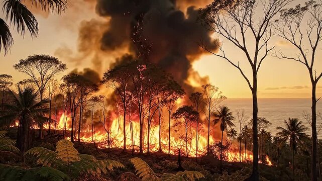 Threatening wildfire burning through a tropical forest near the coast