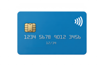 Blue credit card with gold chip and white text cardholder isolated on a transparent background