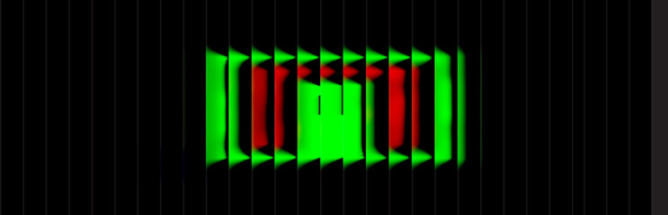 Fototapeta premium Dynamic digital equalizer vector art with vibrant glowing green and red abstract fluid shapes against a dark black background, representing futuristic sound visualization.