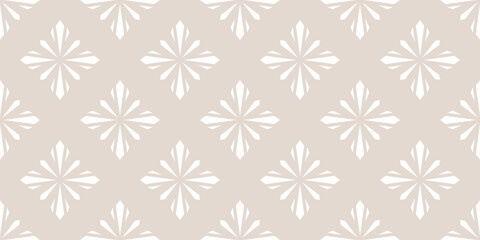 Subtle vector geometric floral seamless pattern. Luxury light beige ornamental texture in oriental style. Abstract background with flower silhouettes, diamond shapes, stars. Elegant repeated design