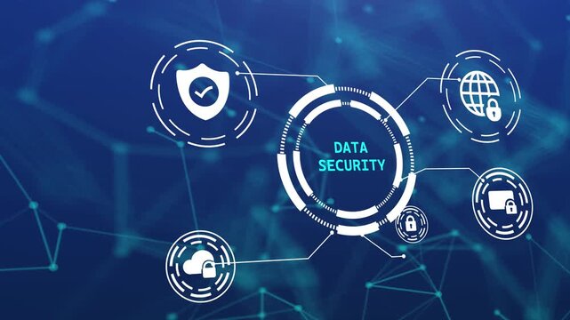 Data security concept with digital HUD interface and icons for information protection, encrypted storage, and database safety on blue background.
