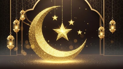Festive Golden Crescent Moon, Sparkling Stars, and Islamic Lanterns for Ramadan Eid Celebration