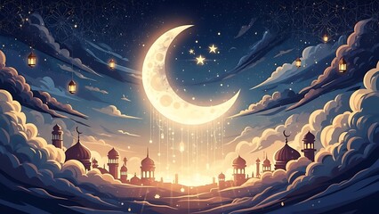 Enchanting Ramadan night with glowing crescent moon, stars, and lanterns above a mosque city