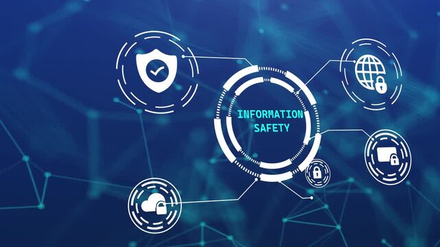 Information safety concept with digital HUD interface and icons for sensitive data protection, privacy management, and cyber defense on blue background