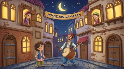 Fototapeta premium Ramadan celebration with family in traditional Turkish street at night