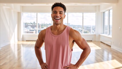 Naklejka premium Happy athletic man smiling at the camera in a fitness studio. Portrait of a confident and muscular young personal trainer in a bright, sunny gym