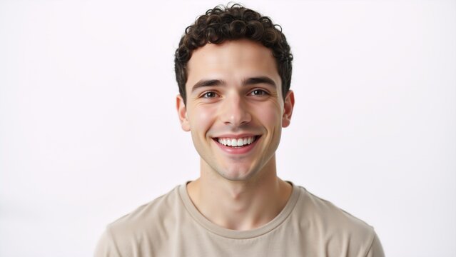 A handsome young man with curly hair smiling at the camera. Headshot portrait of a happy and confident male model isolated on a white background