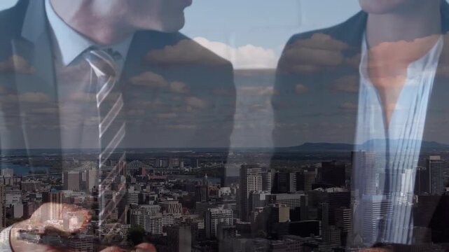 Animation of caucasian coworkers sharing ideas over modern cityscape against cloudy sky