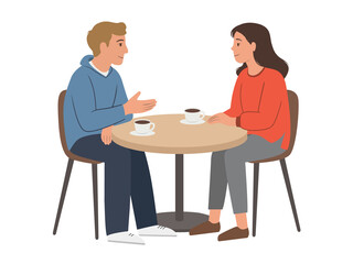 Fototapeta premium A man and woman talking at a table in a cafe. Flat Illustration on a transparent background