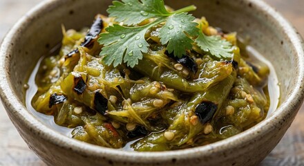 Northern Thai green chili dip Nam Prik Num with roasted fiber texture close up
