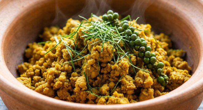 Spicy Southern Thai dry minced pork curry Khua Kling with turmeric and herbs