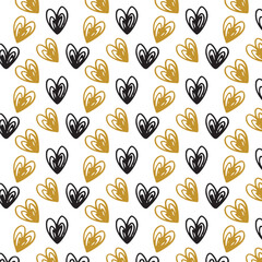 Black and gold love heart seamless pattern illustration. Cute romantic hearts background print. Valentine's day holiday backdrop texture, romantic wedding design.