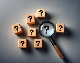 premium image of identifying and understanding issues through root cause analysis using a magnifying glass on wooden cubes with question marks on a grey background