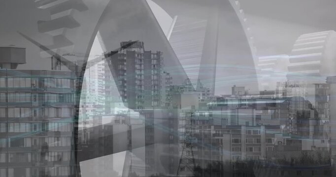 Animation of cogs spinning over cityscape