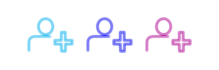 Fototapeta premium Add user icon with plus sign in multiple colorful neon outlines isolated on transparent background, signifying adding new people or members to a group or platform.