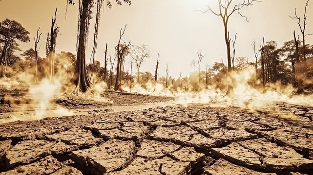 Observing a barren landscape with cracked earth and tall bare trees drying under warm light