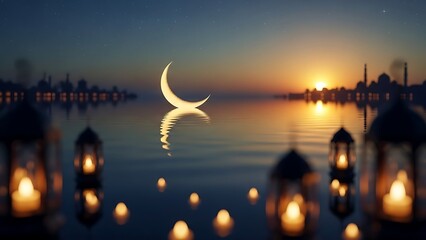 Golden crescent moon, lanterns, and mosque silhouettes reflecting on water at dusk, celebrating Ramadan.
