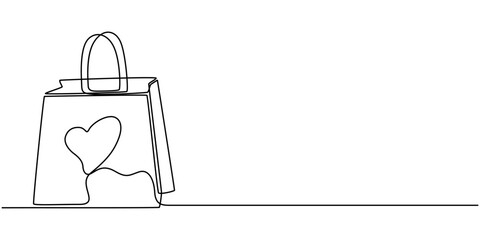 Naklejka premium A continuous line drawing of a shopping bag with a heart on it