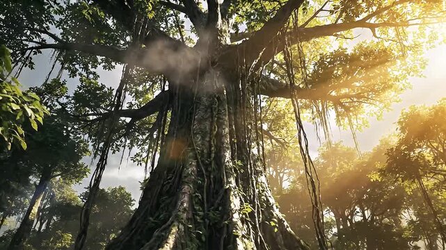 Exploring a Dense Forest Scene with Majestic Tree Roots and Sunlight Filtering Through