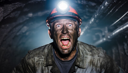 Miner Covered in Coal Dust with Headlamp On Expressing Shock and Fear in Dark Tunnel.