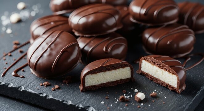 Gourmet chocolate truffles stack close-up with glossy ganache and cocoa dusting on dark slate background for National Peppermint Patty Day
