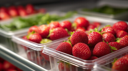 Rows of packaged strawberries under LED lighting, agricultural product storage, cold chain retail display, fresh produce refrigeration, berry packaging under controlled lighting, w