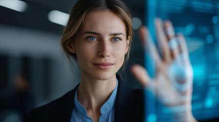 Faceless dynamic businesswoman multitasking with futuristic tech holographic displays AI assistant, energetic pose confident expression, sleek office setting with cool blue accents