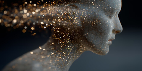 Fototapeta premium Expression of human thoughts represented by a profile blending with light particles in a creative and imaginative display at a digital art exhibit in 2023