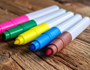 Colorful markers on wooden table.