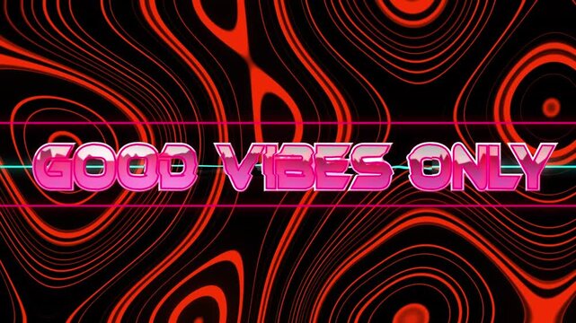 Animation of good vibes only text banner over abstract red kaleidoscope pattern on black background