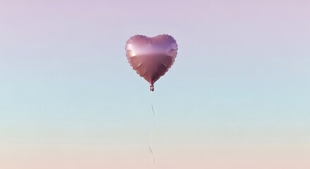 Fototapeta premium Floating pink heart-shaped balloon in soft pastel sky with warm golden lighting for love romance and celebration concepts perfect for Singles Awareness Day
