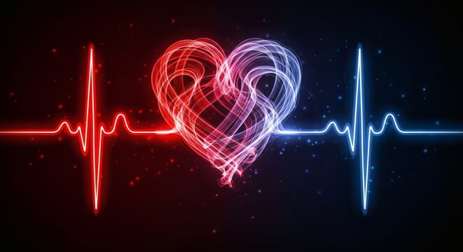 3D glowing heart with ECG line pulse medical love symbol futuristic neon light abstract background for Congenital Heart Defect Awareness Day