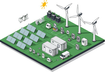 Renewable energy facility illustration, solar wind infrastructure, battery storage smart grid, electric vehicle integration, isometric clean tech layout