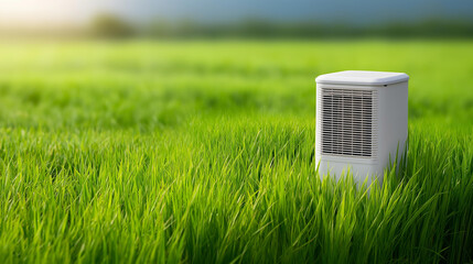 White air conditioner sitting on top of vibrant lush green field, perfect for illustrating concept of cooling and comfort in outdoor spaces, climate control nature contrast, with c