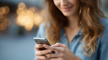 Faceless young woman checking her phone, mobile device usage, smartphone activity, technology interaction, casual phone checking, defocused person with mobile, with copy space