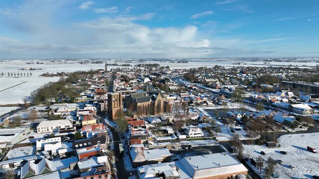 Snow-covered historic town in winter