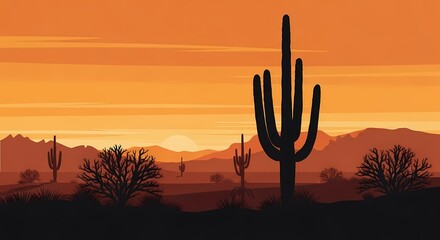 Silhouette of cactus and desert plants at sunset with mountains in the background.