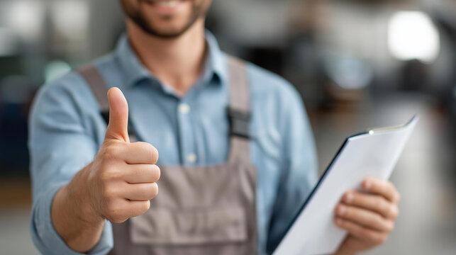 Faceless auto mechanic showing thumb up and holding documents in repair shop, automotive service approval, garage workshop satisfaction, defocused technician gesture, with copy spa