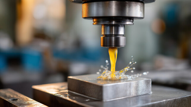 Milling metalworking process, industrial CNC metal machining by vertical mill, coolant and lubrication systems, precision manufacturing operations, cutting fluid application, with