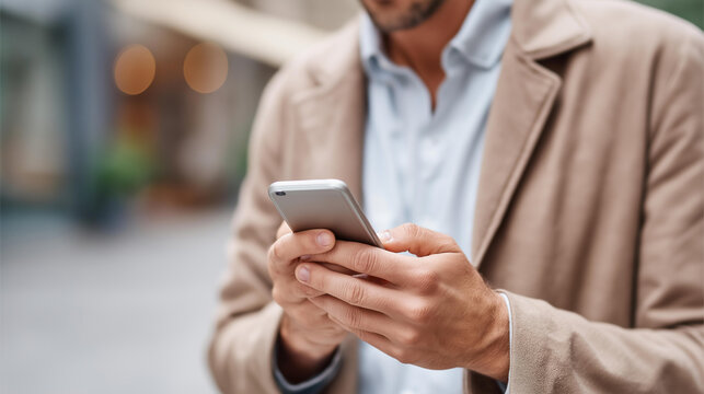 Faceless cool man checking cellphone, mobile device usage, smartphone activity, technology interaction, casual phone checking, defocused person with mobile, with copy space