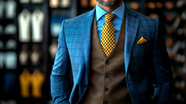 Man in a Blue Plaid Suit with Yellow Tie and Pocket Square.