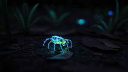Glowing blue spider in dark forest with neon green highlights