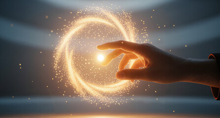 A human hand reaches out to touch a glowing portal of light and energy, symbolizing creation and new beginnings