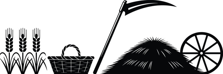 Fototapeta premium Agriculture harvest symbols with wheat plants, basket, sickle, haystack and wooden wheel, traditional farming tools, black silhouette vector illustration