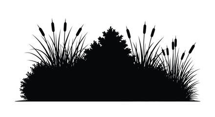 A black silhouette of wetland vegetation including cattails and bushes nature s tranquil scene © Ferdous_Studio
