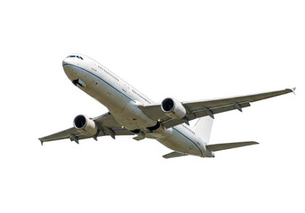 Obraz premium Large passenger jet flying in clear sky isolated on transparent background